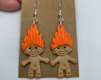 Troll doll retro clay dangle earrings - orange hair