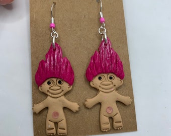 Troll doll retro clay dangle earrings - pink hair