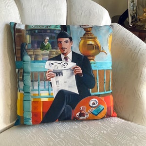 Art Cushion Cover of &#39;Al Afandi&#39; by Nadia Osi. Organic Cotton. Original Painting High-Res Print Cover. 45X45cm Square