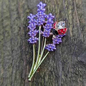 May include: A purple lavender flower brooch with a red and black ladybug with a rhinestone on its back.
