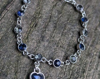 Heart Charm Bracelet with Blue and Silver Crystals – Elegant Handmade Adjustable Bracelet