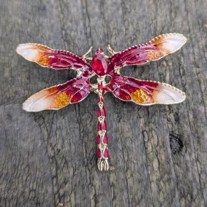 Red Dragonfly Brooch – Ruby Crystal Insect Pin – Enamel Gold Tone Dragonfly – Art Nouveau Style Statement Jewelry – Nature Gift