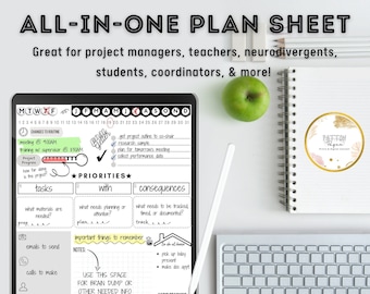 Planning Sheet, All-in-One Plan Sheet for Teachers, Project Managers, Coaches, Neurodivergents, & more!