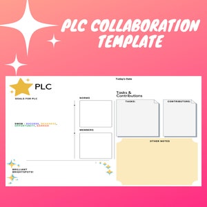 Peut inclure: Un modèle de collaboration PLC imprimable avec des sections pour les objectifs, les normes, les membres, les tâches, les contributeurs et d'autres notes. Le modèle présente une étoile jaune avec le mot "PLC" et les mots "Brilliant Brightspots!" en bas.