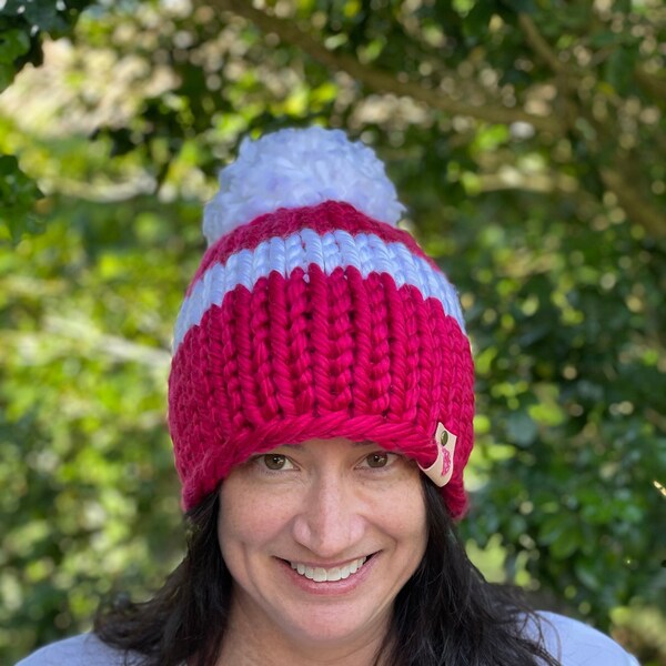 Cherry Red & White Luxe Hat, Jumbo Pom Pom