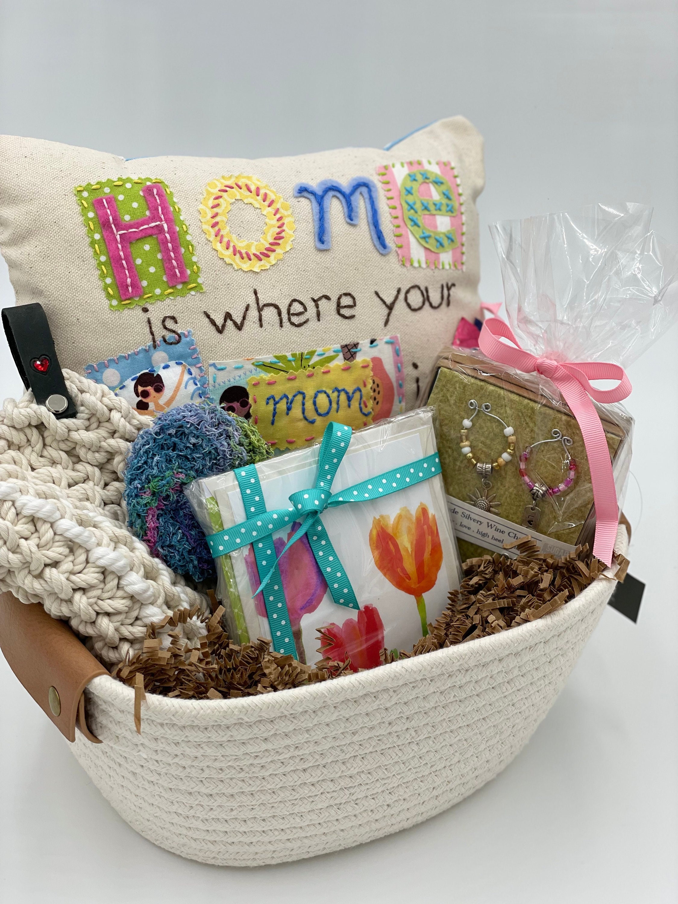 Gift Set for Mom, Handmade 5pc Gift Basket Home is Where Mom is Pillow,  Tulip Watercolor Notecards, Wine Charms, Scrubby \u0026 Potholder - Etsy, image size:2250x3000