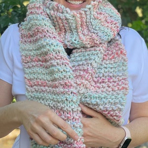 Hand-Knit Bulky Scarf: Pastel Pinks & Greens, Extra Long Wool Blend