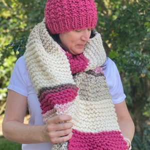 Pink, Cream & Brown Hand-Knit Scarf, Long, Cozy and Cuddly
