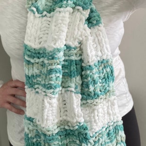 Hand-Knit Chenille Scarf: White & Sea Green Striped Blanket Yarn
