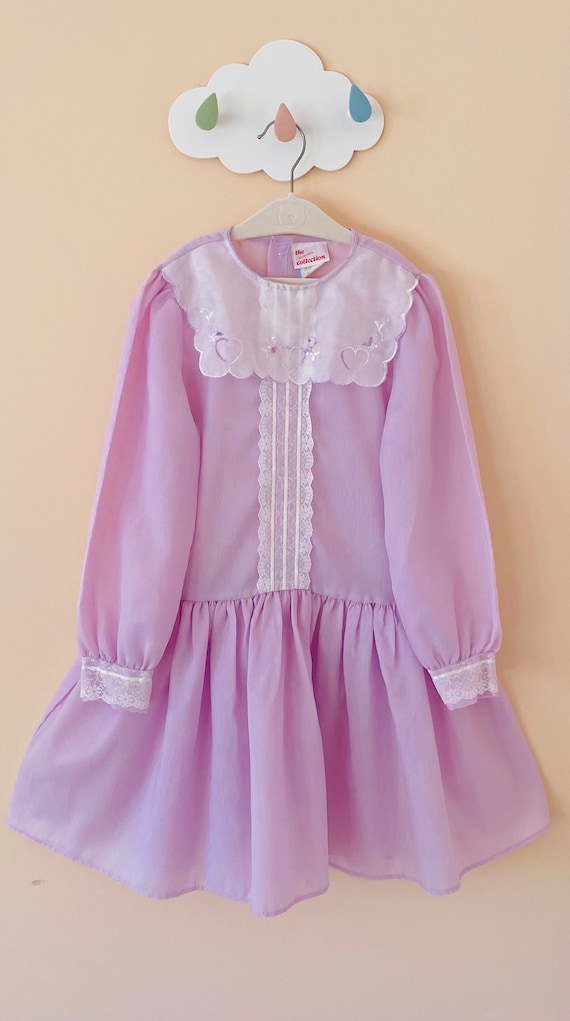 6-7: 1970s Lilac Purple Dress Heart Embroidered Sh