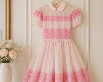 8-10 years: 1950s Girls Birthday Dress Sheer Pink Organza Party Dress for Recital Sunday Best Pageant Gift for 8 year old girl