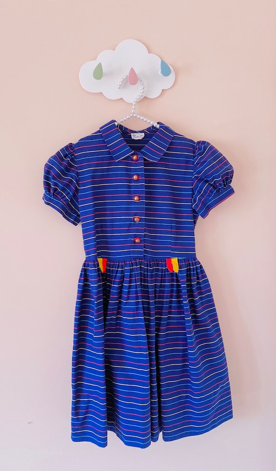 7-8 years: 50s Girls Dress Tiny Town Togs Navy St… - image 1