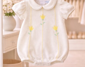 De 6 a 12 meses: Pelele de burbujas bordado para bebé, ropa de bebé de herencia, conjunto vintage para niña, conjunto para niña de medio cumpleaños de los abuelos.