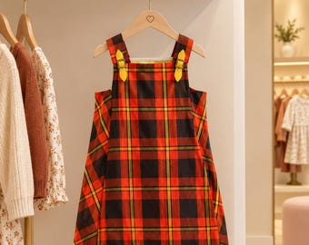 6-7 years: Fall Plaid Dress Girl Vintage Jumper Dress in Red Yellow and Brown Autumn Outfit Pumpkin Patch Dress Vintage Children Clothes