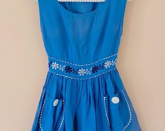 7-8 years: Vintage Embroidered Girls Blue Dress Embroidered Flowers Dress 1960s Girls Dress Alice in Wonderland Theme 6th Birthday Dress