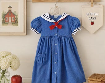 5-6 years: Classic Girls Dress Sunday Best Outfit Vintage Blue Gingham Girls Dress Nautical Thanksgiving Family Photos Southern Girl Style