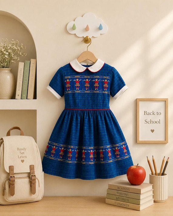 6x: Back to School Outfit Plaid Embroidered Girl Dress 1950s Girl Dress Vintage Girls Dresses