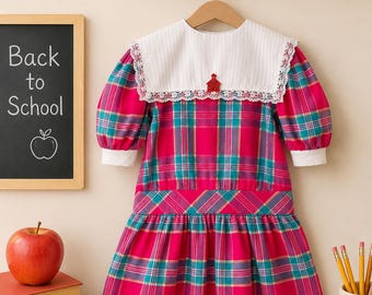 6-8 years: Vintage Girls Dress Pink Plaid Fall Family Photo Outfit Autumn Colors Dress Fall Birthday Gift Girls Vintage Girls Clothing