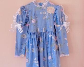 5-6: Floral Ruth of Carolina Girl Dress Bow Dress 6th Birthday Outfit Gift Blue Floral Print Dress Organza Sheer Bows Dress Long Sleeved