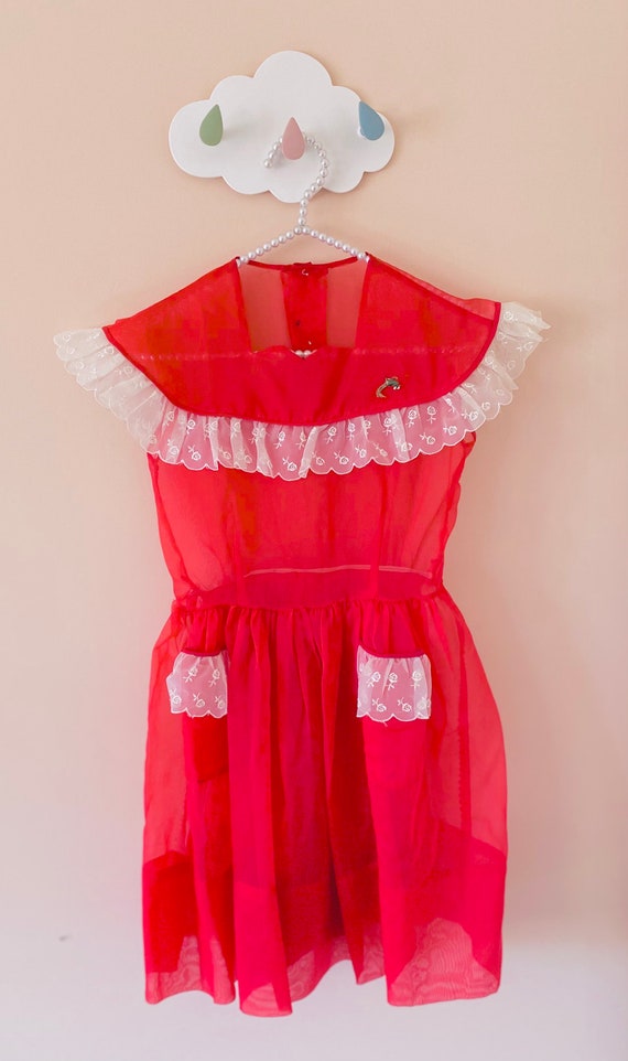 8-10 years: 1950s Sheer Nylon Red Organza Girls Fu