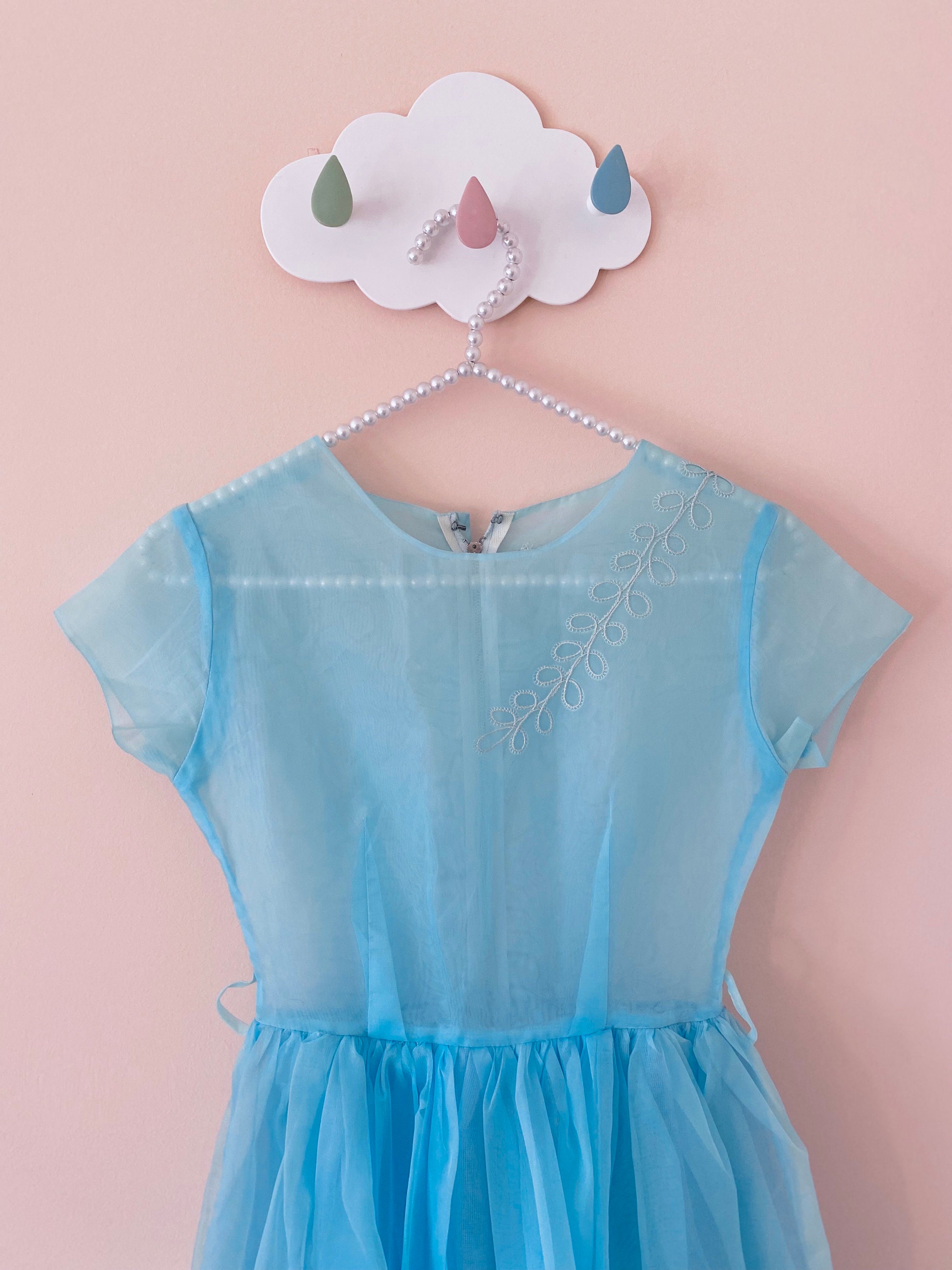 8-10 years:1950s Girl Sheer Embroidered Blue Dress Flower Embroidery Sheer Nylon Organza Party Dress Birthday Party Portrait Vintage Dress