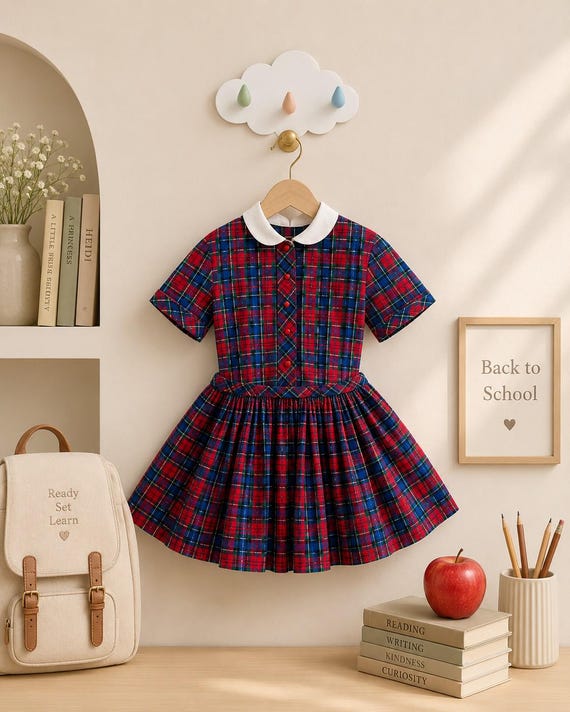 5-6: Back to School Dress Girls Plaid Dress 1950s First Day of Kindergarten School Dress Suzy Brooks Vintage Girl Dress School Photos Dress