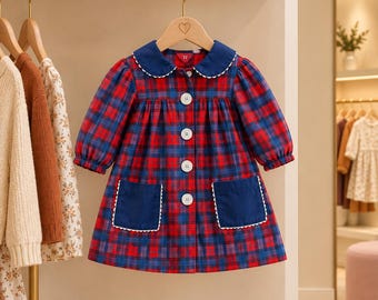 3-4T: Toddler Girl Clothes Navy Red Plaid Dress Long Sleeve Fall Family Photos Outfit Thanksgiving Dress Vintage Little Girl Dresses