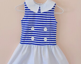 5/6 : robe marinière vintage pour filles, bleu blanc, robe Sylvia Whyte, robe vintage à rayures en coton pour filles, robe d'été classique pour filles, 4 juillet