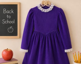 5-6 years: Thanksgiving Outfit Vintage Girls Purple Corduroy Dress Purple Fall Modest Long Sleeve Girls Dress Fall Family Photos Outfit