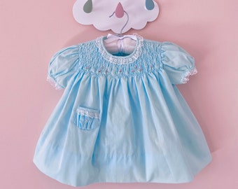 3-6 months: Vintage Baby Girl Blue Party Circle Dress Smocked Chest Round Collar Vintage Baby Girl Milestone Dress Alice in Wonderland