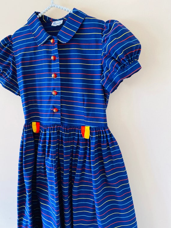 7-8 years: 50s Girls Dress Tiny Town Togs Navy St… - image 6