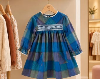 4T: Vintage Girls Plaid Dress Navy Olive Green Plaid Fall Family Photos Outfit 70s Toddler Girl Clothes Thanksgiving Outfit