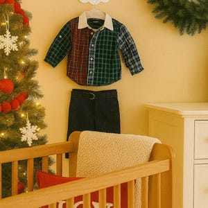 0-3 months: 1st Christmas Baby Boy Outfit New Baby Boy Gift Christmas Gift for Baby Boy Plaid Patchwork Shirt and Pants Preppy Baby Outfit