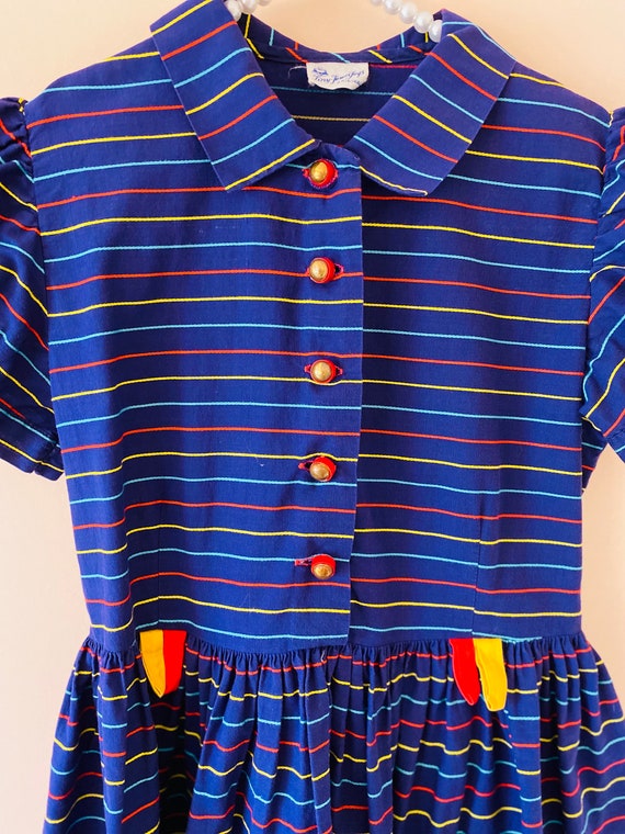 7-8 years: 50s Girls Dress Tiny Town Togs Navy St… - image 3