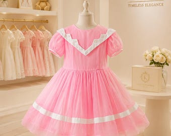 5-6 years: Birthday Girl Dress Sheer Pink Organdy 1950s Girl Party Dress Sunday Best Wedding Guest Outfit Vintage Girl Dresses