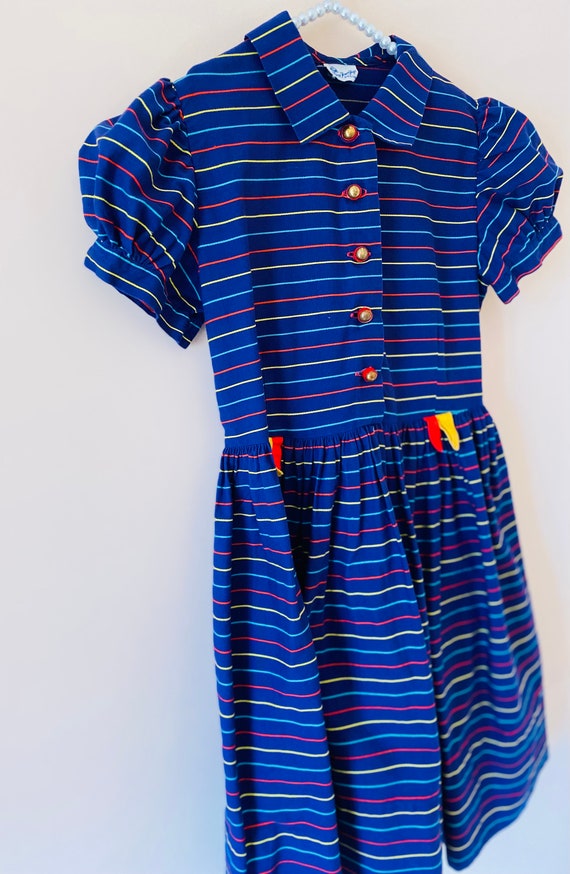 7-8 years: 50s Girls Dress Tiny Town Togs Navy St… - image 7