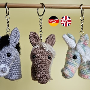 Dreierpack Schlüsselanhänger oder Taschenbaumler - Pferd, Einhorn und Esel - Amigurumi Häkelanleitung