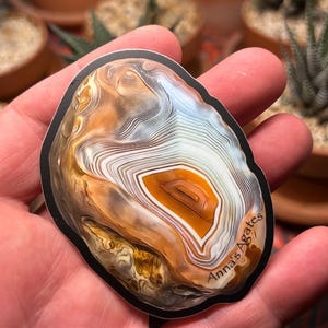 May include: A close-up of a sticker featuring a colorful agate slice with brown, white, and orange bands. The sticker has a black border and the text "Anna's Agates" is printed on the bottom right corner.