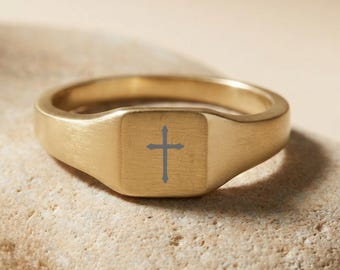 Kleine kruiszegelring, gegraveerde kruisring, christelijk sieradencadeau, bevestigingscadeau voor meisje, geloofssieraden, vierkante zegelring