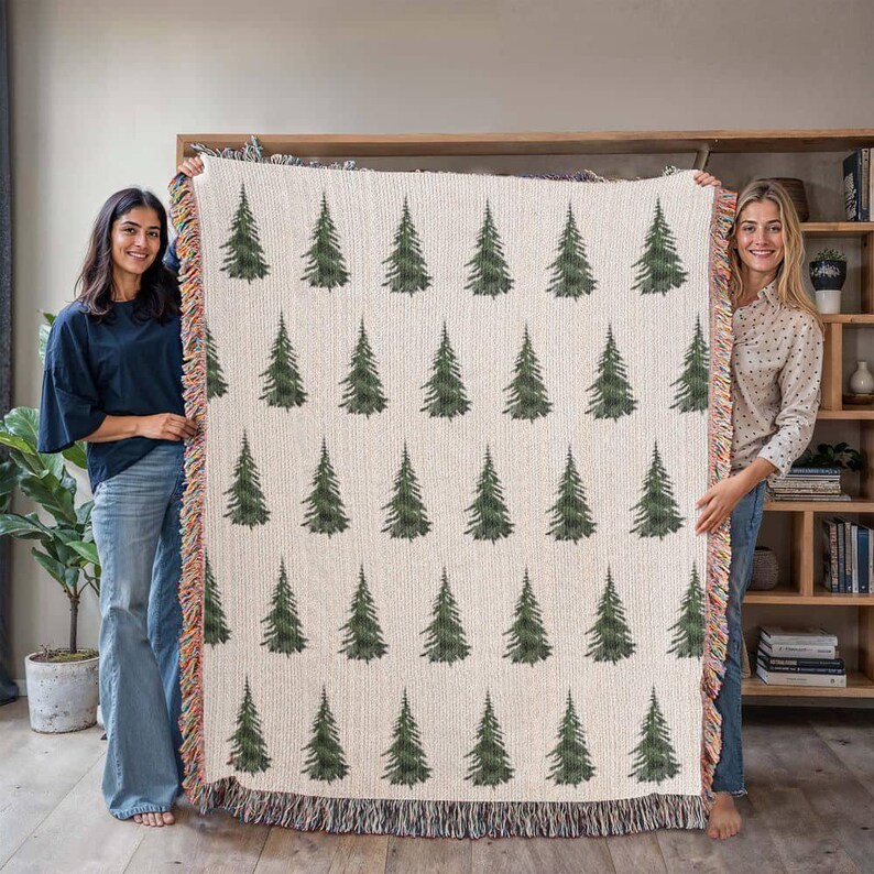 Watercolor Pine Trees Woven Throw, Cabin Blanket, Christmas Tree Blanket, Mountain House Decor, Cabin Decor, Farmhouse Blanket bild 2
