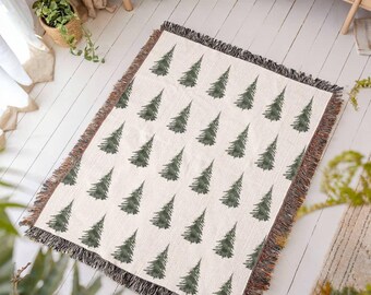 Watercolor Pine Trees Woven Throw, Cabin Blanket, Christmas Tree Blanket, Mountain House Decor, Cabin Decor, Farmhouse Blanket