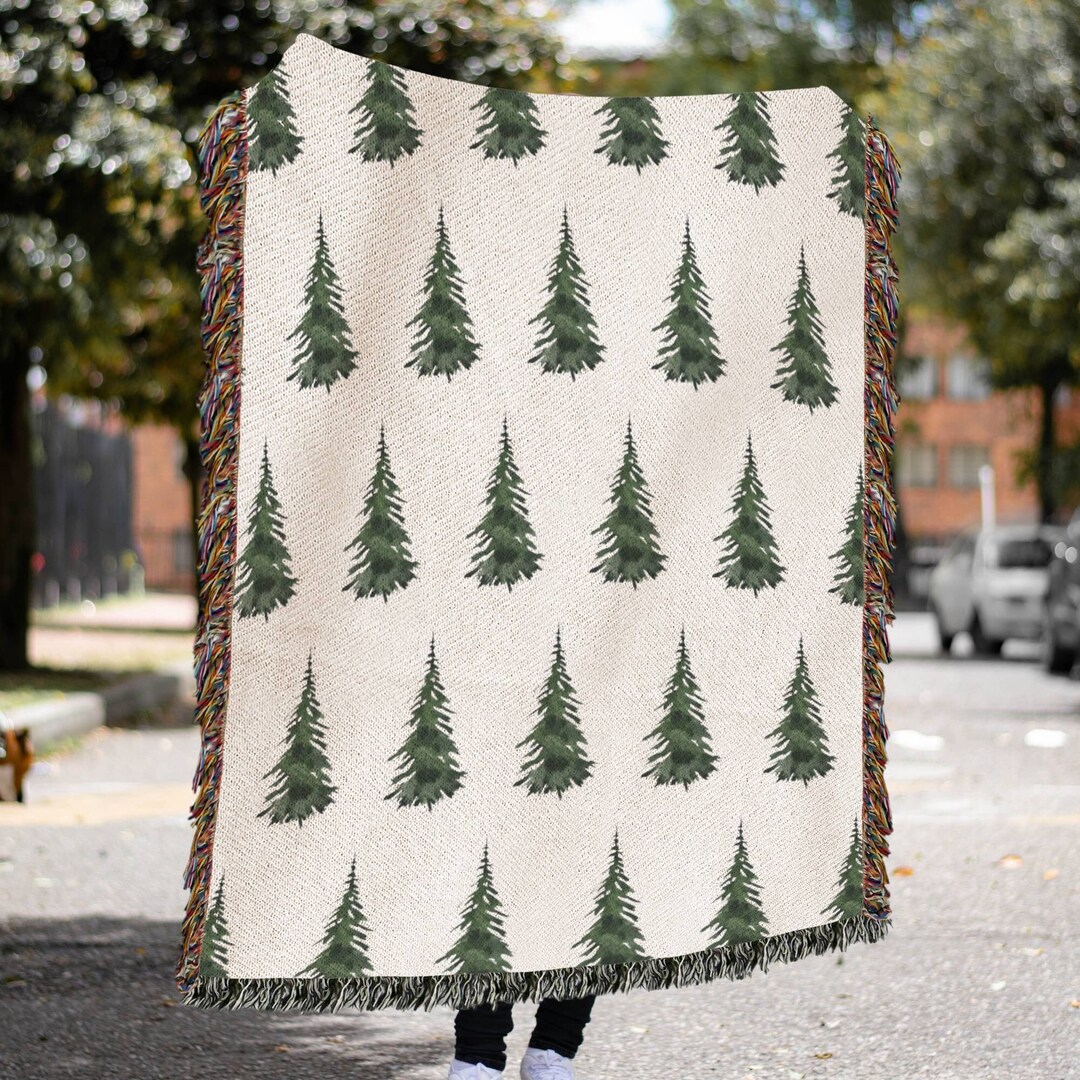 Watercolor Pine Trees Woven Throw, Christmas Tree Throw Blanket