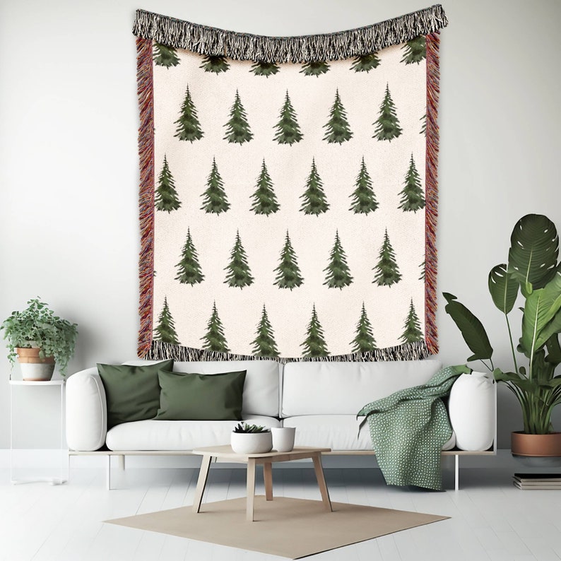 Watercolor Pine Trees Woven Throw, Cabin Blanket, Christmas Tree Blanket, Mountain House Decor, Cabin Decor, Farmhouse Blanket bild 7