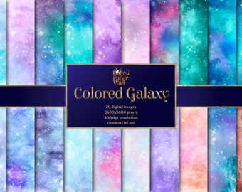 Colored Galaxy Digital Paper, seamless watercolor starry night backgrounds printable night sky nebula scrapbook paper textures