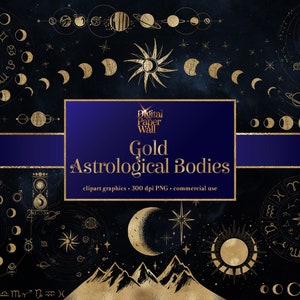 Goldene astrologische Körper, Himmelskörper, digitale PNG-Clipart-Overlays, Vintage-Sternkarten, antike wissenschaftliche Grafiken, kommerzielle Nutzung