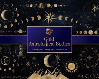May include: Gold astrological bodies clipart graphics on a dark blue background. The image features celestial designs, including moons, planets, suns, and zodiac symbols in gold. The text "Gold Astrological Bodies" is displayed in the center.