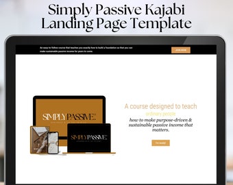 Puede incluir: La pantalla de un ordenador portátil muestra una plantilla de página de destino para un curso llamado "Simply Passive". La plantilla está diseñada para enseñar a la gente común cómo generar ingresos pasivos sostenibles y orientados a un propósito. La página de destino presenta un botón de llamada a la acción que dice "Unirse ahora".