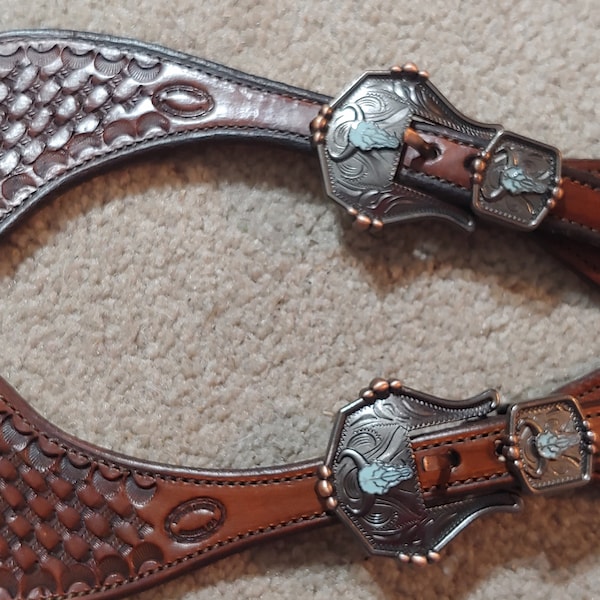 New Hand made basket stamped leather western spur straps with turquoise buffalo hardware made in the USA.