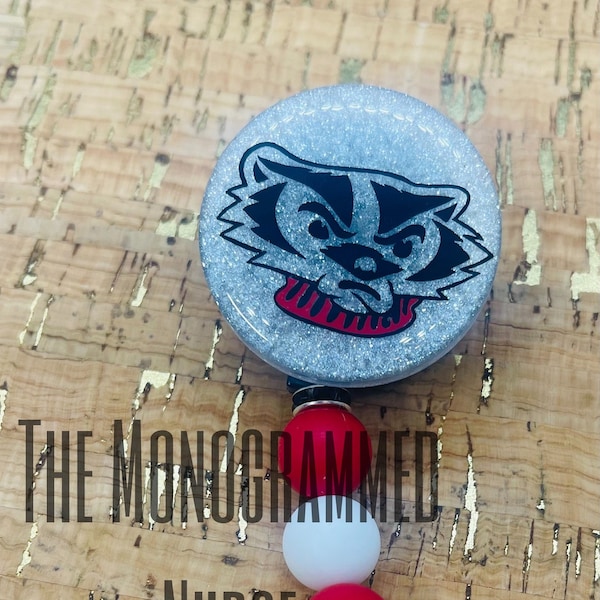 University of Wisconsin-Madison Badgers badge reel with silicone beads and metal spacers