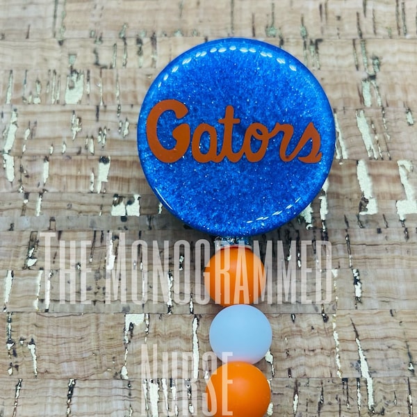 University of Florida Gators badge reel with silicone beads and metal spacers